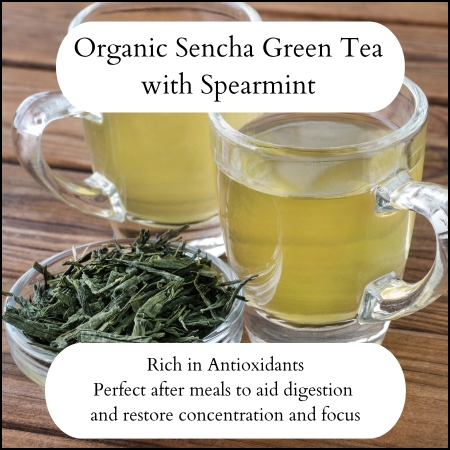 Organic loose leaf Sencha green tea combined with Spearmint to aid digestion and restore concentration and focu